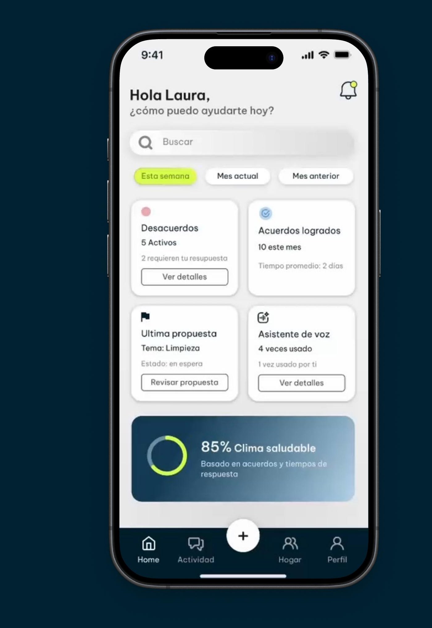 Orris home dashboard showing disagreements, agreements, the latest proposal, voice assistant usage, and an 85% healthy home climate
